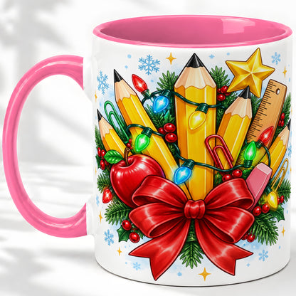 #pl[11oz|Pink] Christmas Teacher Ceramic Mug, School Supplies Holiday Artwork