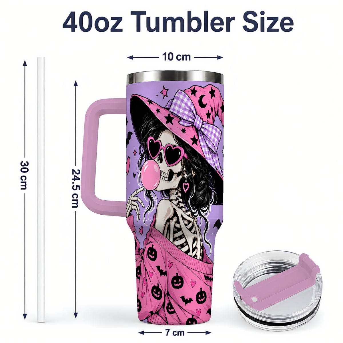 #pl[40oz|Pink] Pink Witch Skeleton 40oz Tumbler, Halloween Bubblegum and Bat Artwork