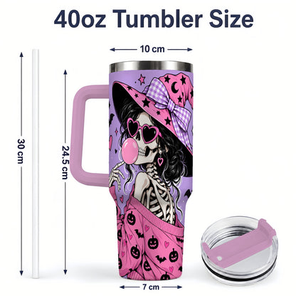 #pl[40oz|Pink] Pink Witch Skeleton 40oz Tumbler, Halloween Bubblegum and Bat Artwork