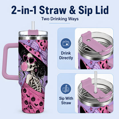 #pl[40oz|Pink] Pink Witch Skeleton 40oz Tumbler, Halloween Bubblegum and Bat Artwork