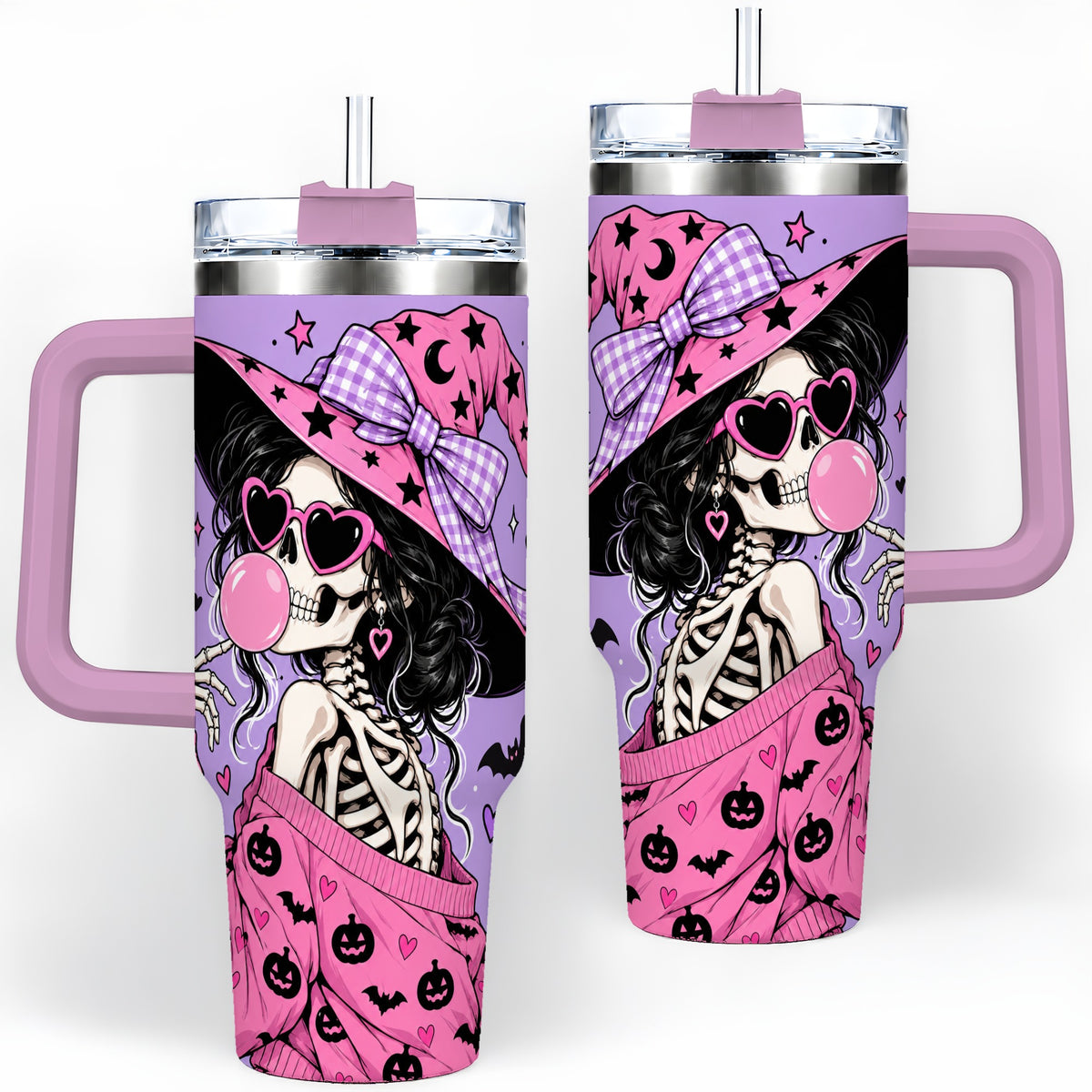 #pl[40oz|Pink] Pink Witch Skeleton 40oz Tumbler, Halloween Bubblegum and Bat Artwork