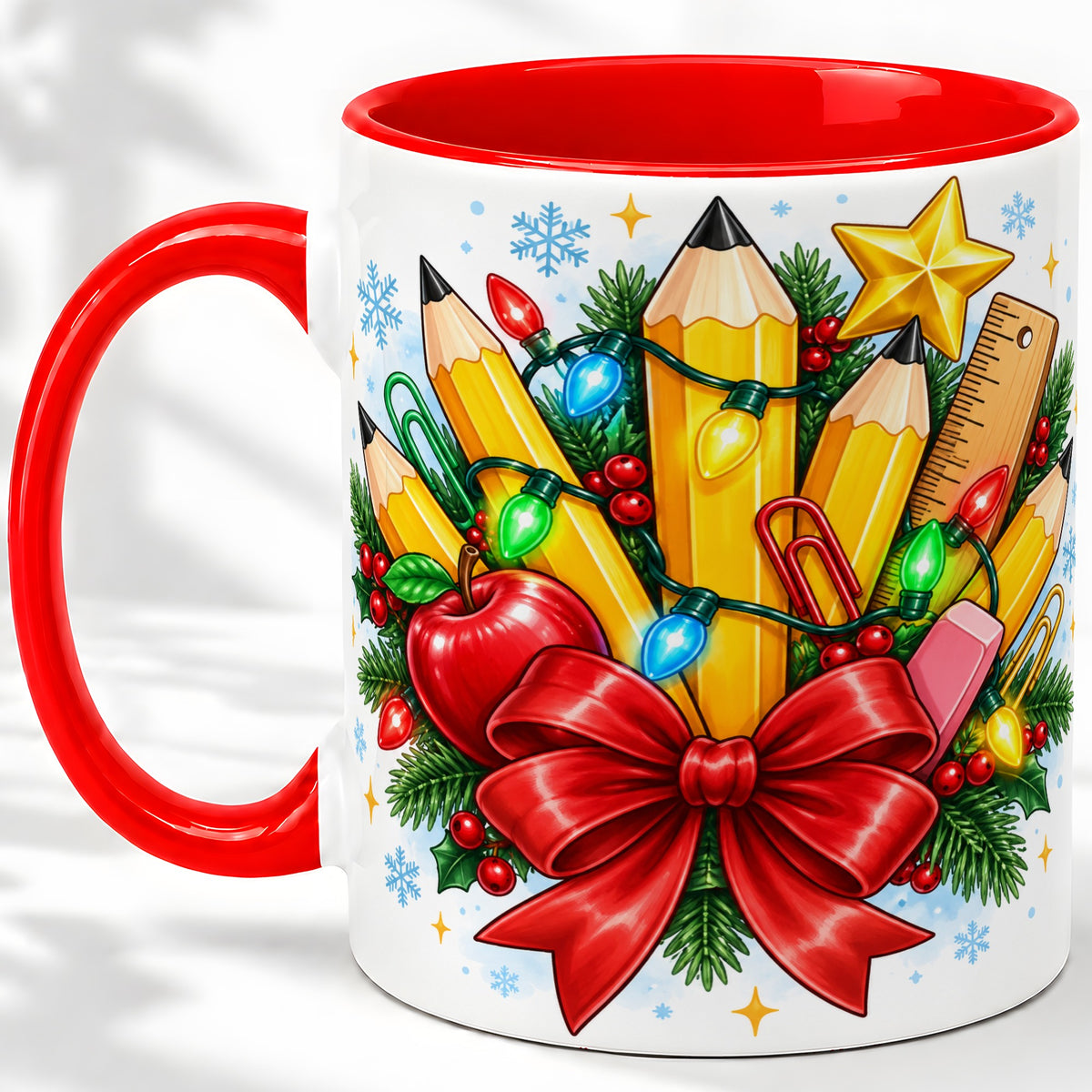 Christmas Teacher Ceramic Mug, School Supplies Holiday Artwork