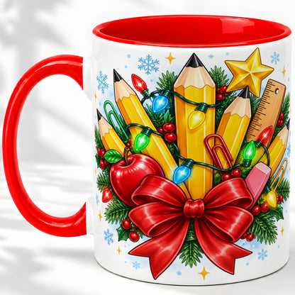 Christmas Teacher Ceramic Mug, School Supplies Holiday Artwork