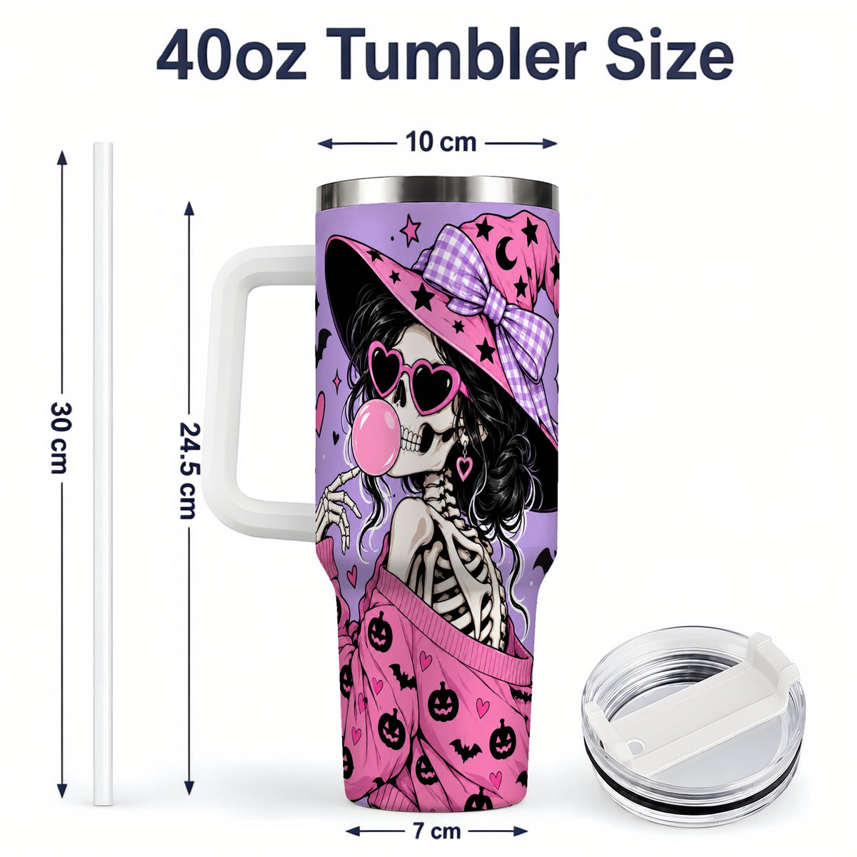 #pl[40oz|White] Pink Witch Skeleton 40oz Tumbler, Halloween Bubblegum and Bat Artwork
