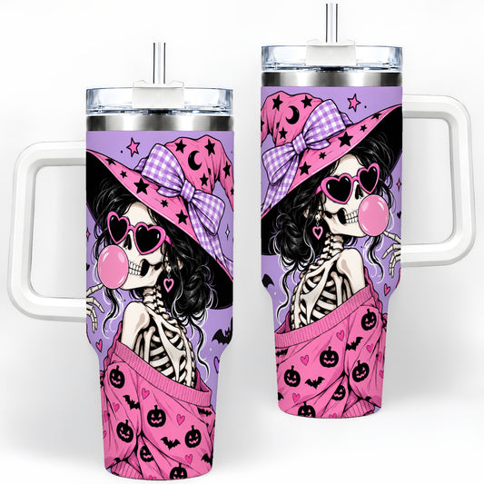 Pink Witch Skeleton 40oz Tumbler, Halloween Bubblegum and Bat Artwork