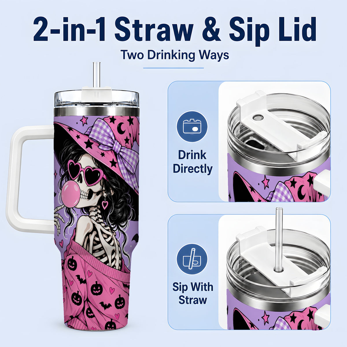 #pl[40oz|White] Pink Witch Skeleton 40oz Tumbler, Halloween Bubblegum and Bat Artwork