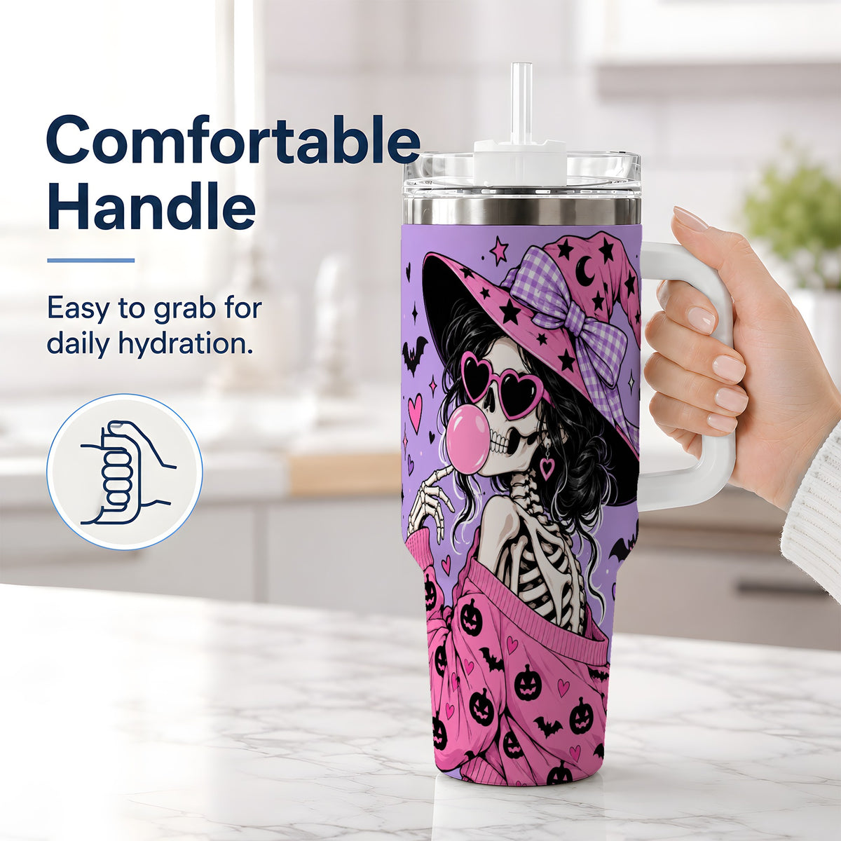 #pl[40oz|White] Pink Witch Skeleton 40oz Tumbler, Halloween Bubblegum and Bat Artwork