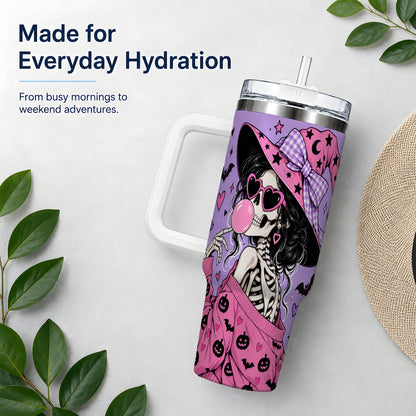 Pink Witch Skeleton 40oz Tumbler, Halloween Bubblegum and Bat Artwork