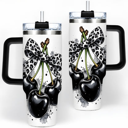 #pl[40oz|Black] Black Cherry Bow 40oz Tumbler, Leopard Ribbon and Ink Splash Artwork