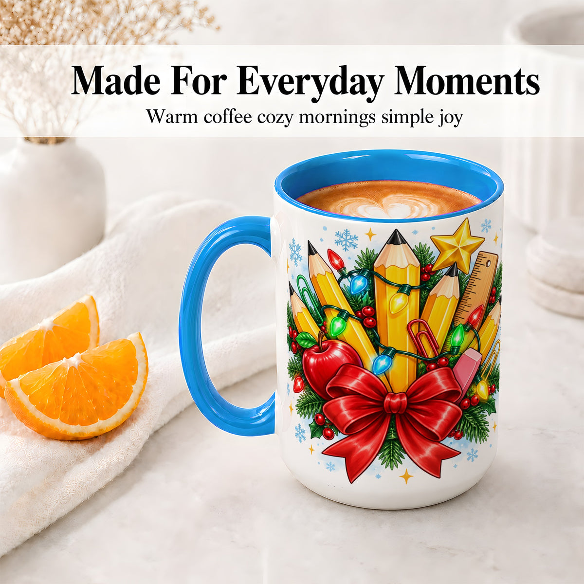 #pl[15oz|Blue] Christmas Teacher Ceramic Mug, School Supplies Holiday Artwork