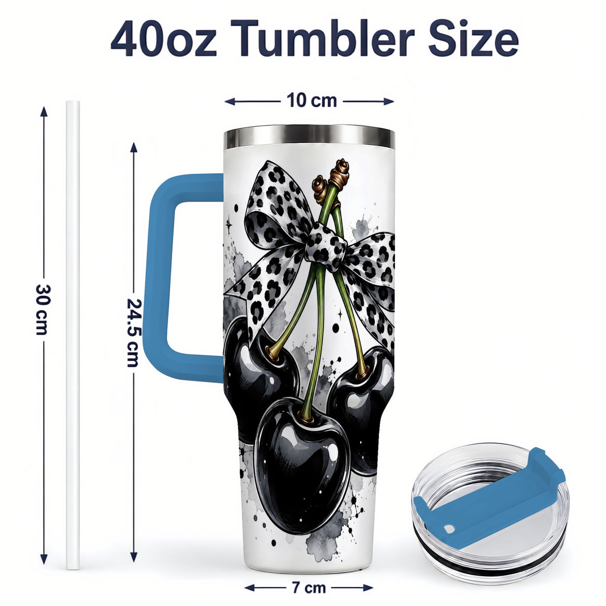 #pl[40oz|Blue] Black Cherry Bow 40oz Tumbler, Leopard Ribbon and Ink Splash Artwork