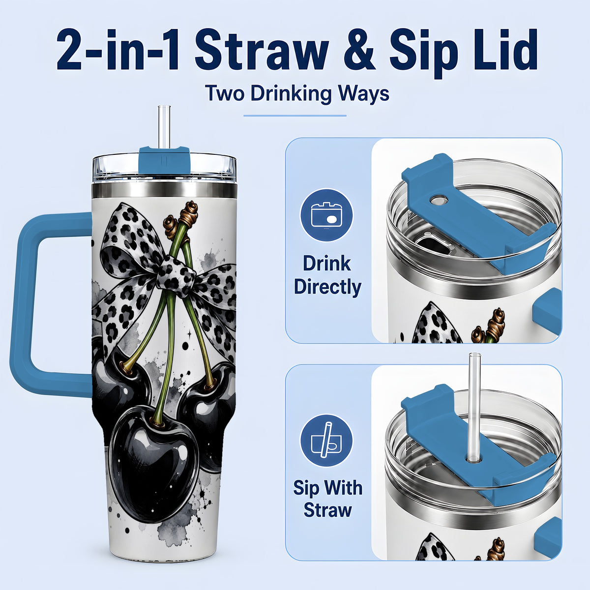 #pl[40oz|Blue] Black Cherry Bow 40oz Tumbler, Leopard Ribbon and Ink Splash Artwork