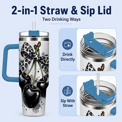 #pl[40oz|Blue] Black Cherry Bow 40oz Tumbler, Leopard Ribbon and Ink Splash Artwork