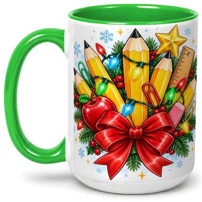 #pl[15oz|Green] Christmas Teacher Ceramic Mug, School Supplies Holiday Artwork