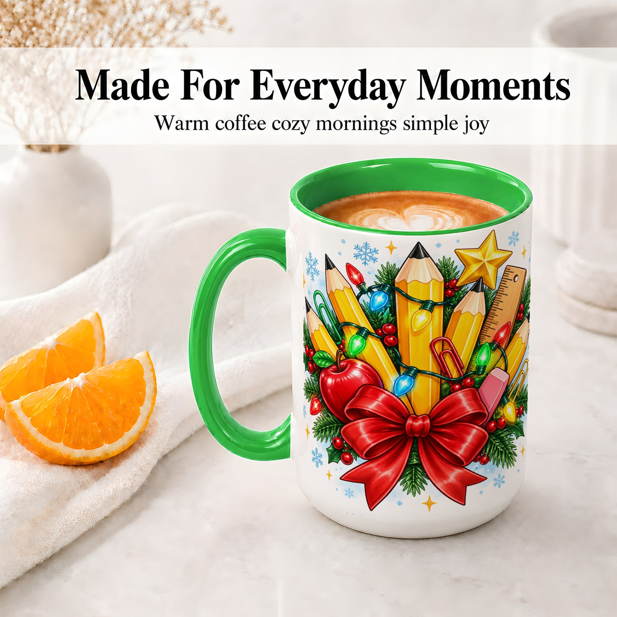 #pl[15oz|Green] Christmas Teacher Ceramic Mug, School Supplies Holiday Artwork