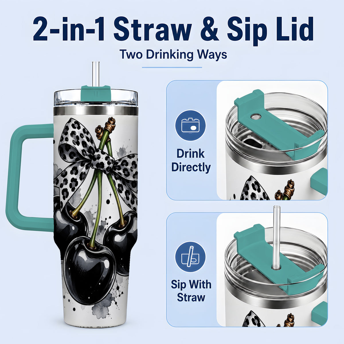 #pl[40oz|Green] Black Cherry Bow 40oz Tumbler, Leopard Ribbon and Ink Splash Artwork