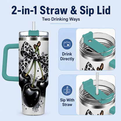 #pl[40oz|Green] Black Cherry Bow 40oz Tumbler, Leopard Ribbon and Ink Splash Artwork