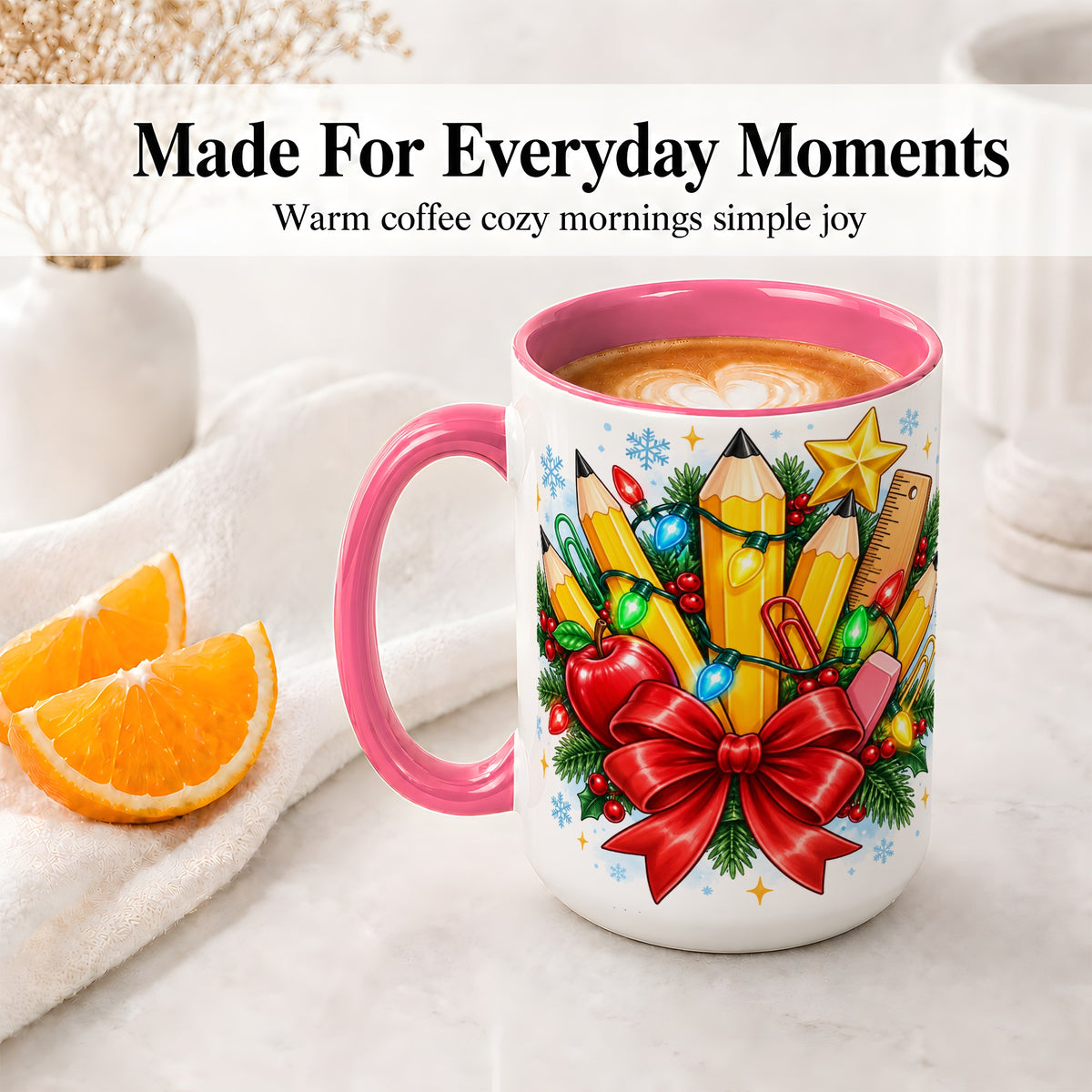 #pl[15oz|Pink] Christmas Teacher Ceramic Mug, School Supplies Holiday Artwork