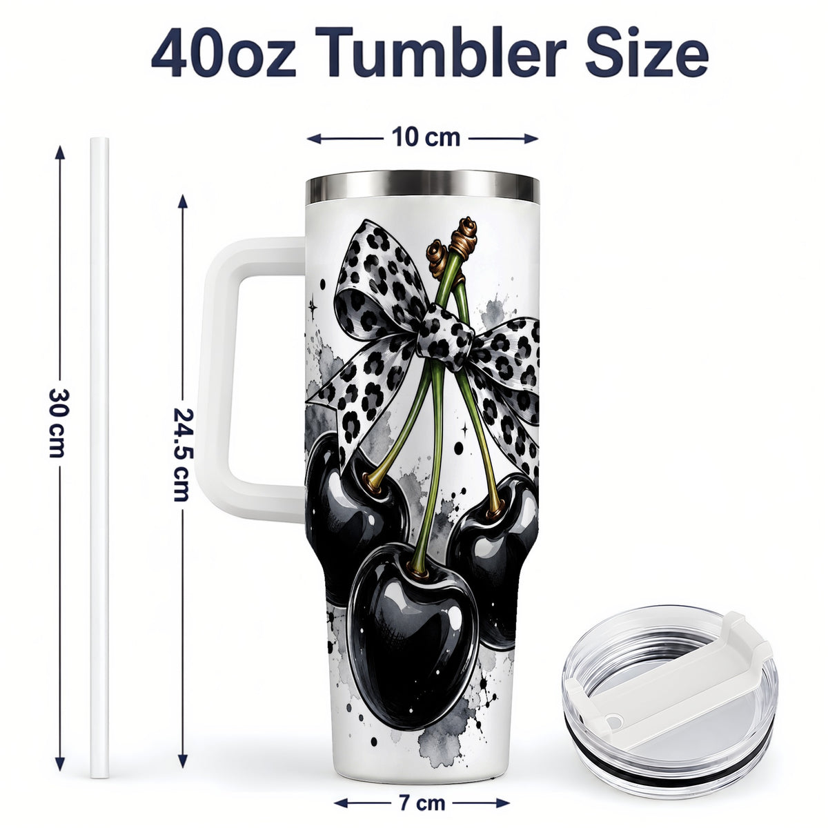 #pl[40oz|White] Black Cherry Bow 40oz Tumbler, Leopard Ribbon and Ink Splash Artwork