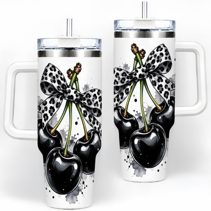 Black Cherry Bow 40oz Tumbler, Leopard Ribbon and Ink Splash Artwork