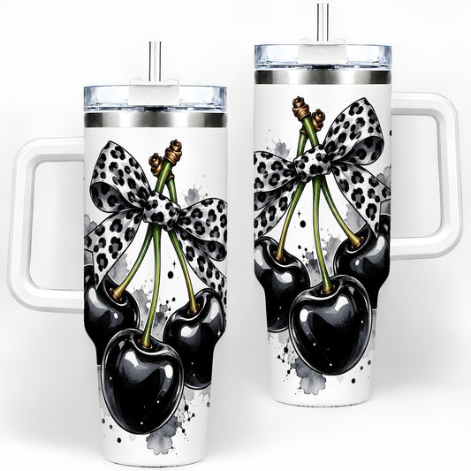 Black Cherry Bow 40oz Tumbler, Leopard Ribbon and Ink Splash Artwork