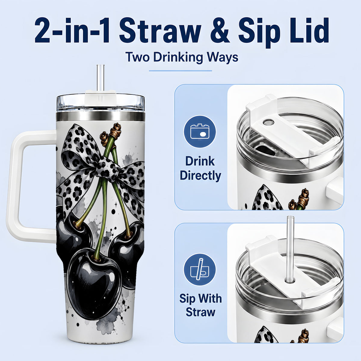 #pl[40oz|White] Black Cherry Bow 40oz Tumbler, Leopard Ribbon and Ink Splash Artwork
