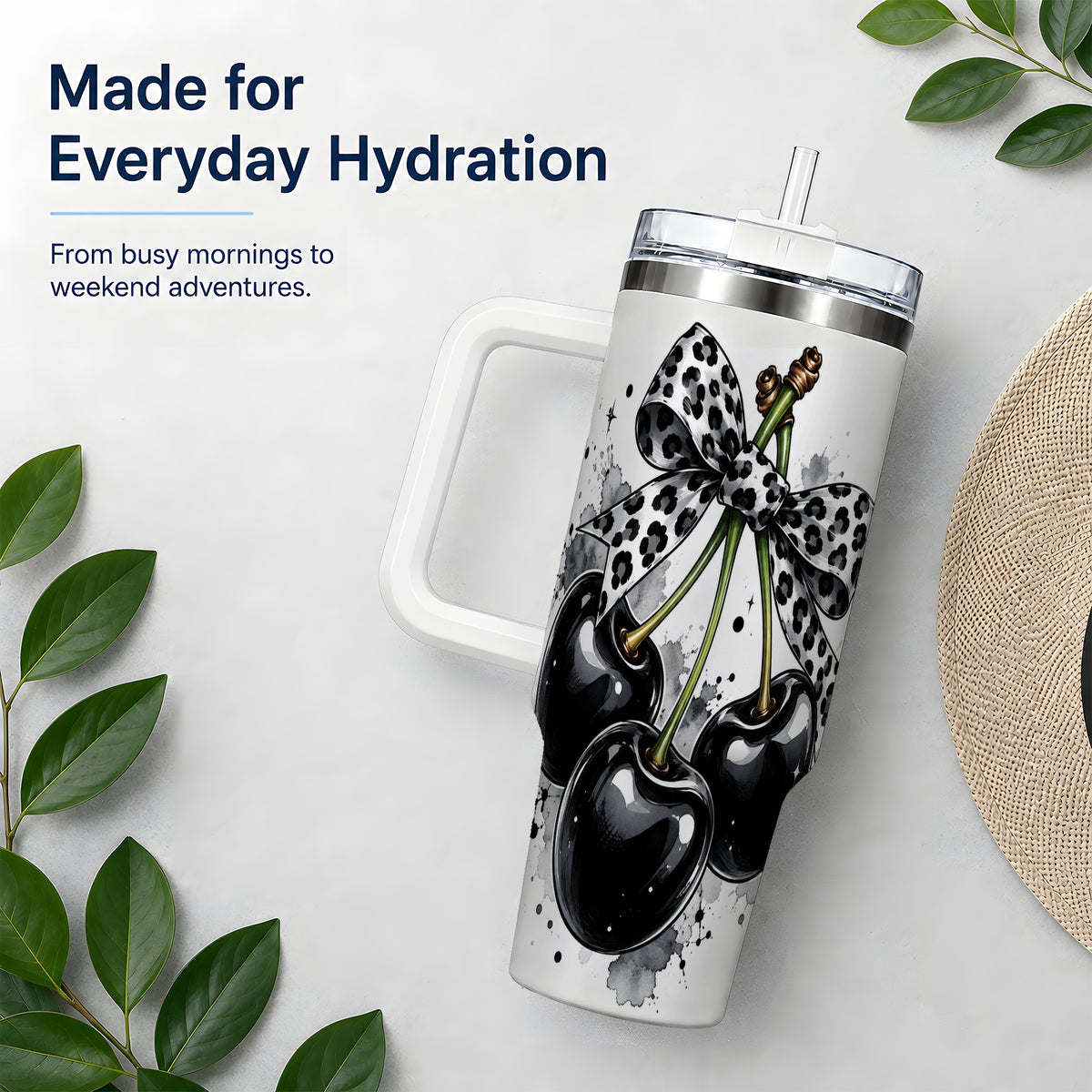 Black Cherry Bow 40oz Tumbler, Leopard Ribbon and Ink Splash Artwork