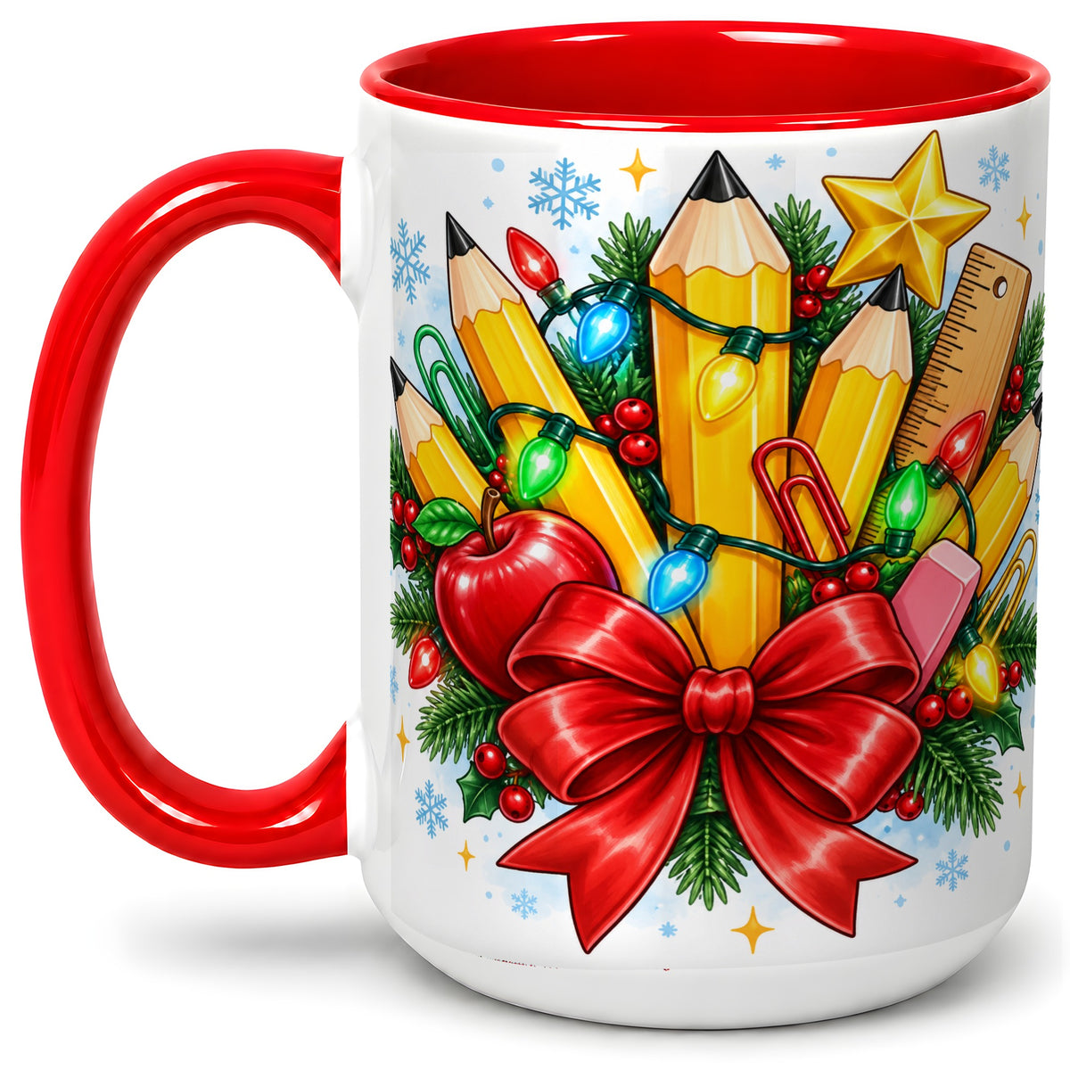 #pl[15oz|Red] Christmas Teacher Ceramic Mug, School Supplies Holiday Artwork