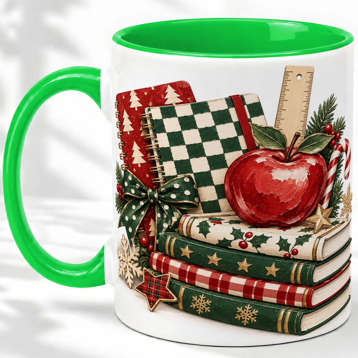 #pl[11oz|Green] Christmas Teacher Book Lover Ceramic Mug, Apple Notebook Artwork