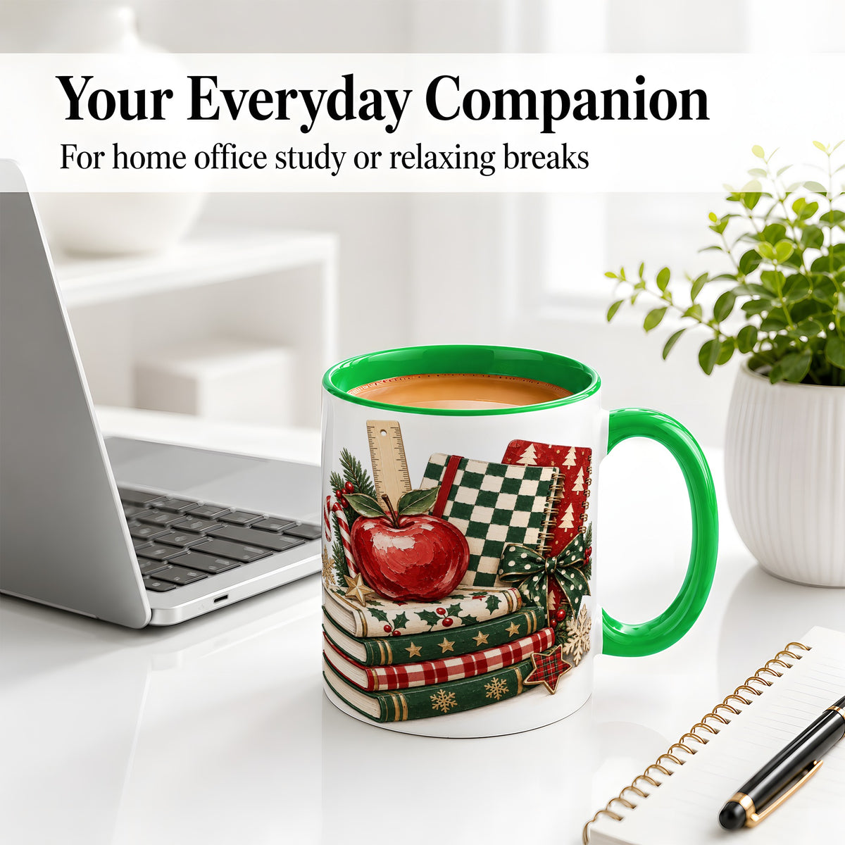 #pl[11oz|Green] Christmas Teacher Book Lover Ceramic Mug, Apple Notebook Artwork