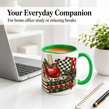 #pl[11oz|Green] Christmas Teacher Book Lover Ceramic Mug, Apple Notebook Artwork