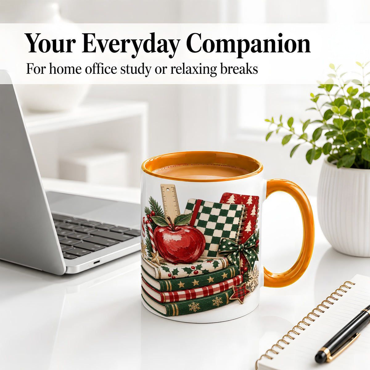 #pl[11oz|Orange] Christmas Teacher Book Lover Ceramic Mug, Apple Notebook Artwork