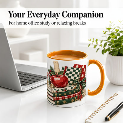 #pl[11oz|Orange] Christmas Teacher Book Lover Ceramic Mug, Apple Notebook Artwork