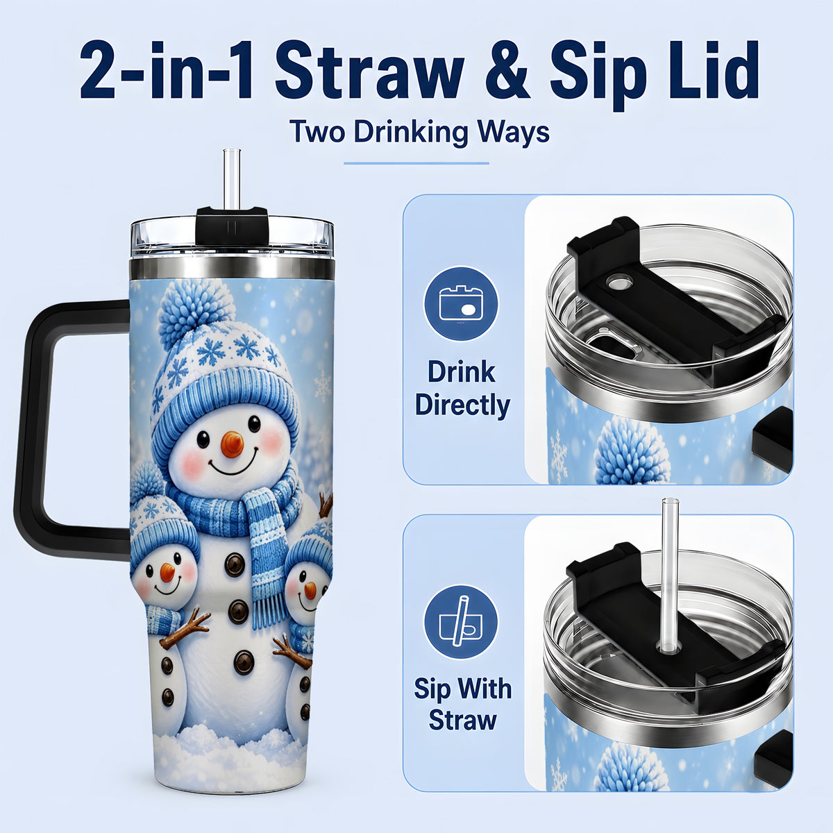 #pl[40oz|Black] Festive Snowman Family 40oz Tumbler, Blue Winter Snowflake Scene Artwork