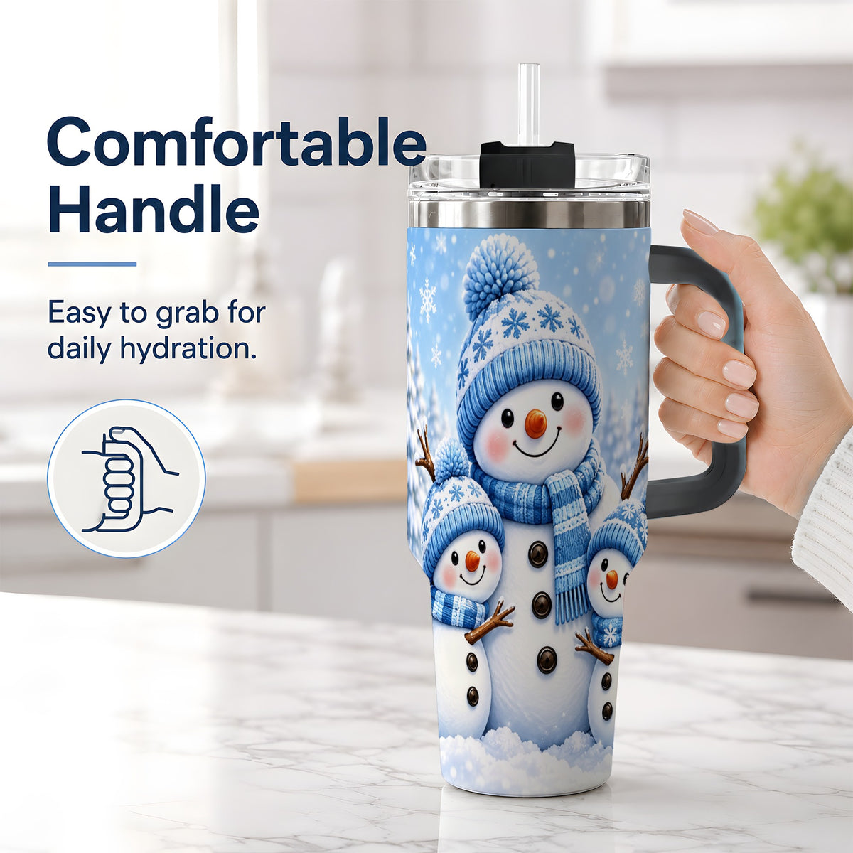 #pl[40oz|Black] Festive Snowman Family 40oz Tumbler, Blue Winter Snowflake Scene Artwork