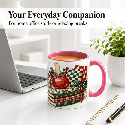 #pl[11oz|Pink] Christmas Teacher Book Lover Ceramic Mug, Apple Notebook Artwork