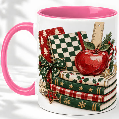 #pl[11oz|Pink] Christmas Teacher Book Lover Ceramic Mug, Apple Notebook Artwork