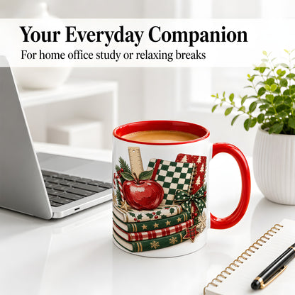 #pl[11oz|Red] Christmas Teacher Book Lover Ceramic Mug, Apple Notebook Artwork