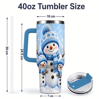 #pl[40oz|Blue] Festive Snowman Family 40oz Tumbler, Blue Winter Snowflake Scene Artwork