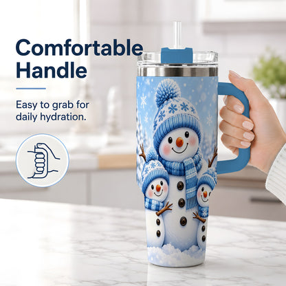 #pl[40oz|Blue] Festive Snowman Family 40oz Tumbler, Blue Winter Snowflake Scene Artwork