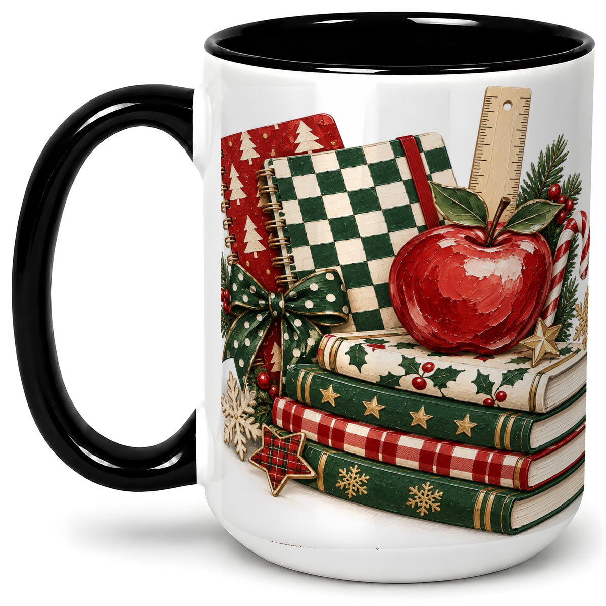 #pl[15oz|Black] Christmas Teacher Book Lover Ceramic Mug, Apple Notebook Artwork