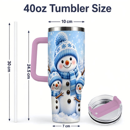 #pl[40oz|Pink] Festive Snowman Family 40oz Tumbler, Blue Winter Snowflake Scene Artwork