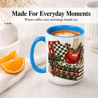 #pl[15oz|Blue] Christmas Teacher Book Lover Ceramic Mug, Apple Notebook Artwork
