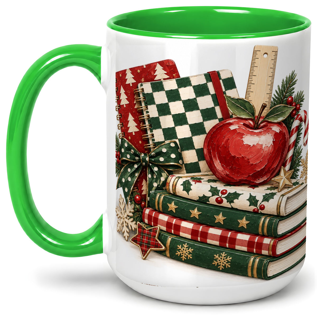 #pl[15oz|Green] Christmas Teacher Book Lover Ceramic Mug, Apple Notebook Artwork