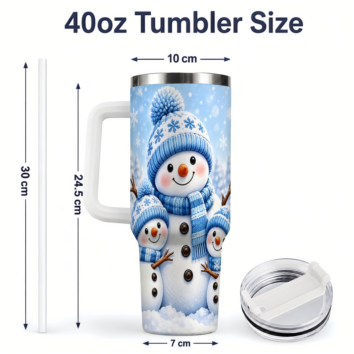 #pl[40oz|White] Festive Snowman Family 40oz Tumbler, Blue Winter Snowflake Scene Artwork
