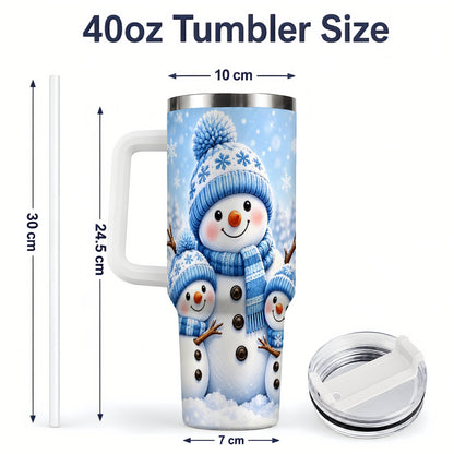 #pl[40oz|White] Festive Snowman Family 40oz Tumbler, Blue Winter Snowflake Scene Artwork