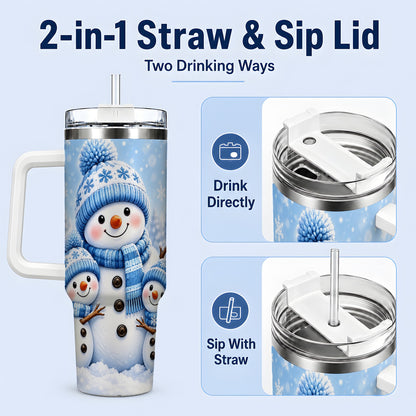 #pl[40oz|White] Festive Snowman Family 40oz Tumbler, Blue Winter Snowflake Scene Artwork