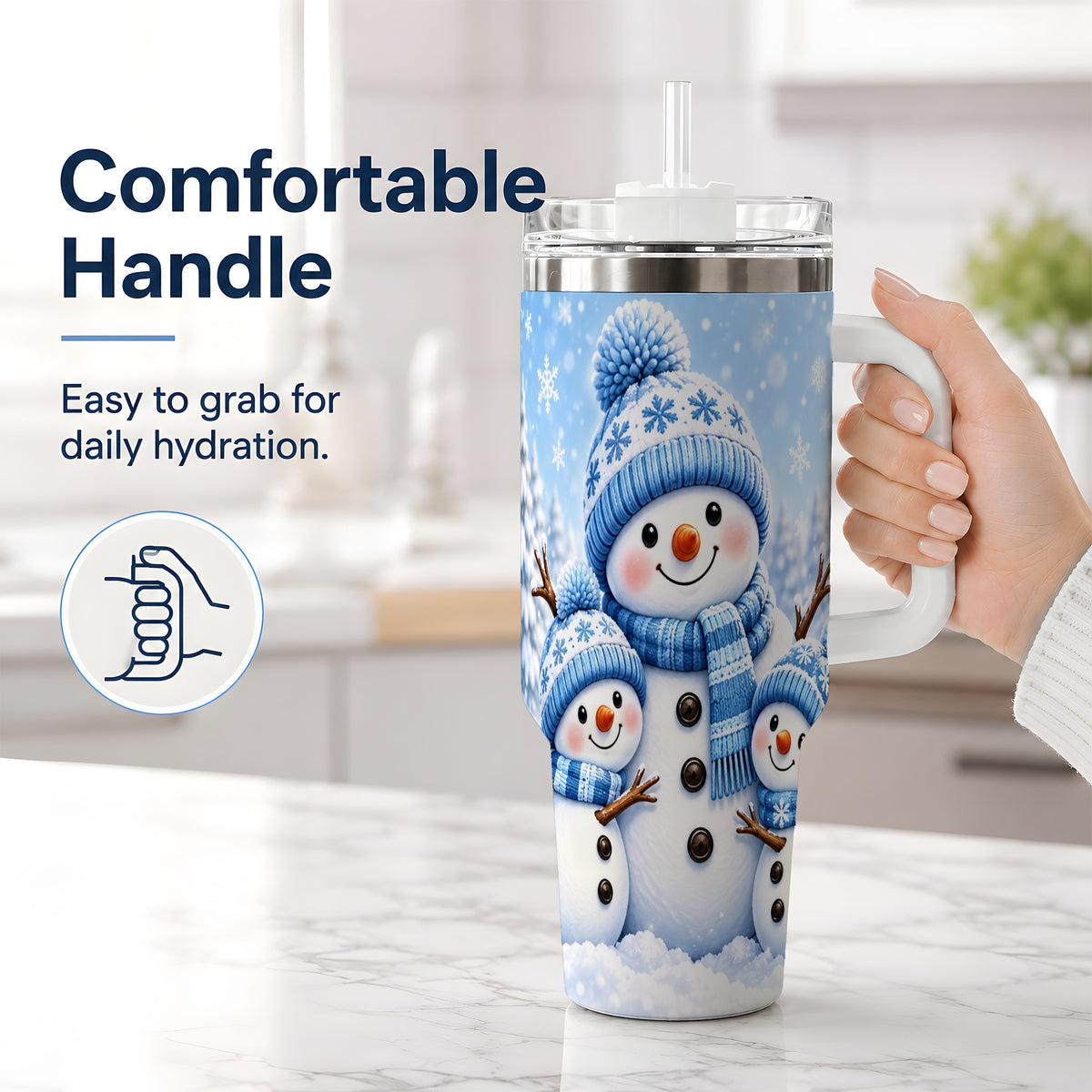#pl[40oz|White] Festive Snowman Family 40oz Tumbler, Blue Winter Snowflake Scene Artwork