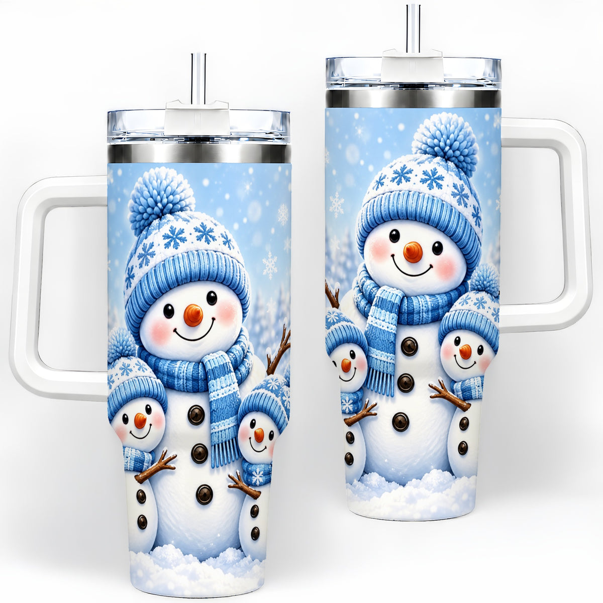Festive Snowman Family 40oz Tumbler, Blue Winter Snowflake Scene Artwork
