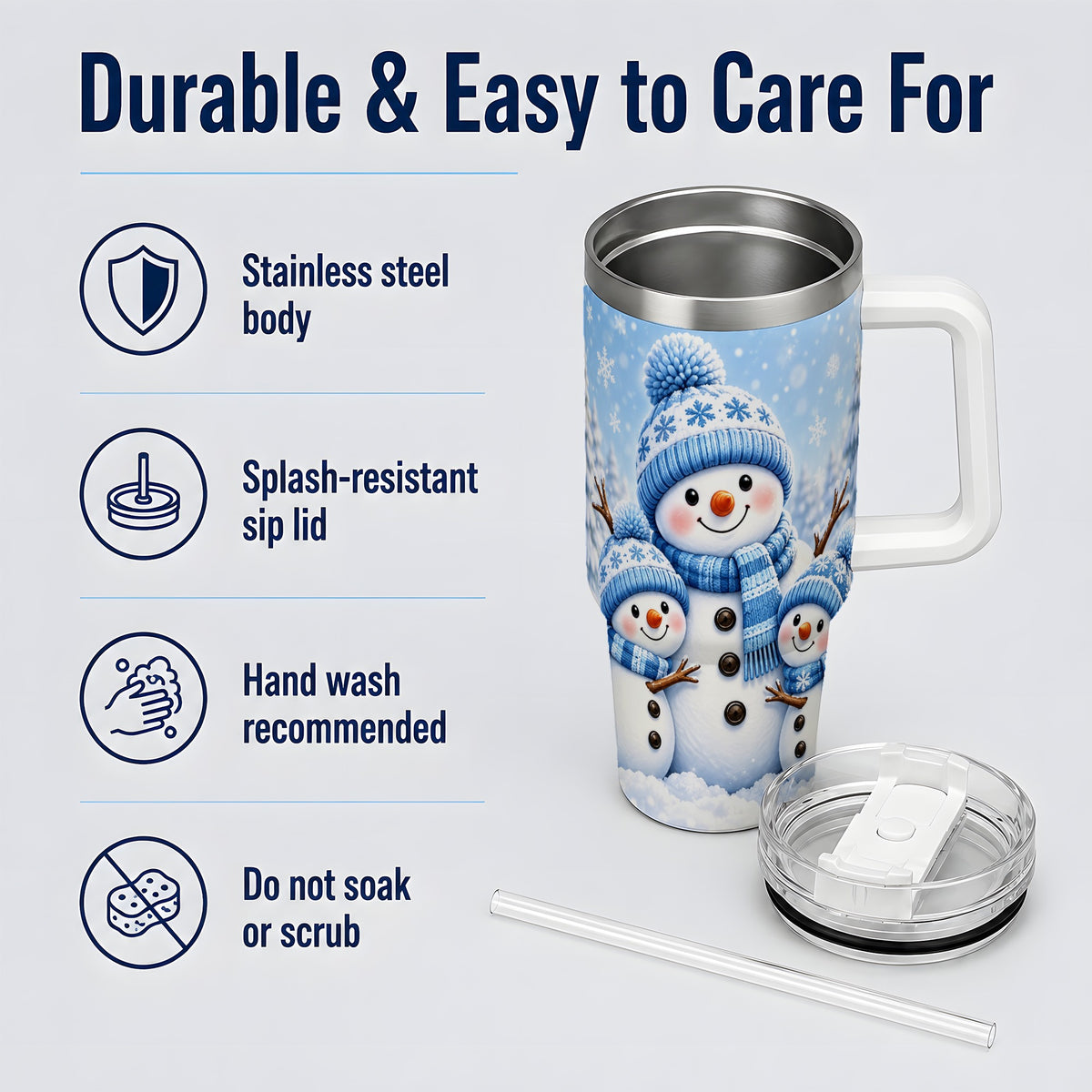 Festive Snowman Family 40oz Tumbler, Blue Winter Snowflake Scene Artwork